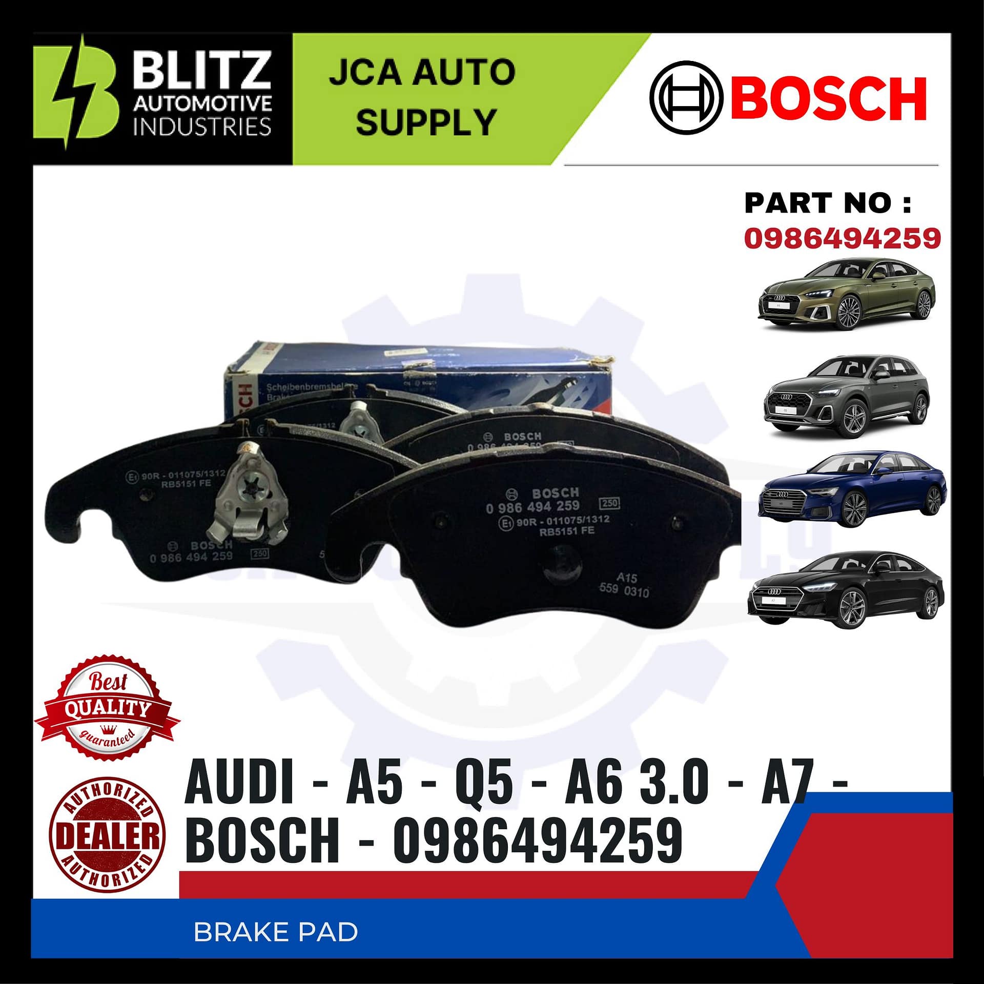 FRONT BRAKE PADAUDIA5Q5A6 3.0A7BOSCH0986494259