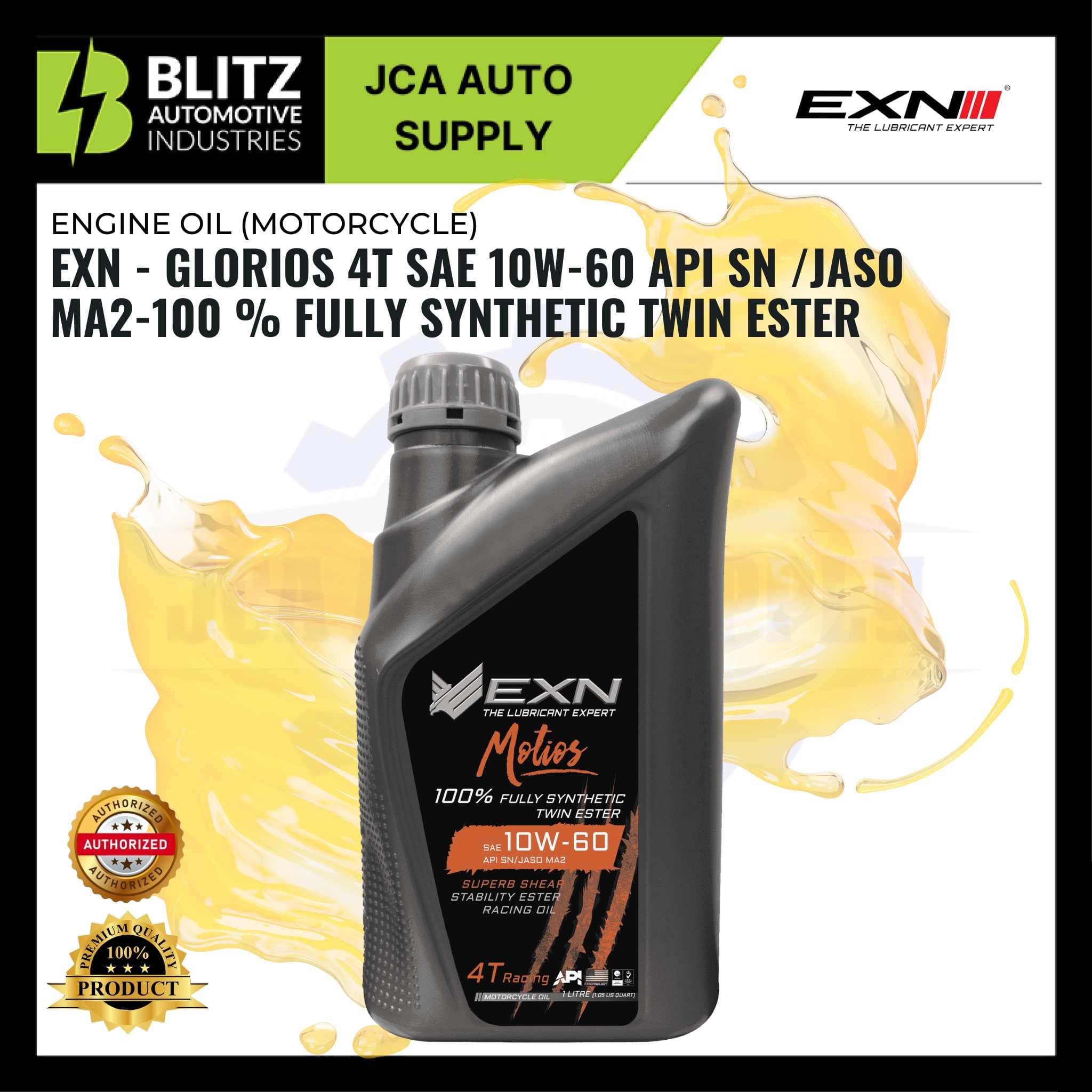 BLITZ EXN GLORIOS 4T SAE 10W 60 API SN JASO MA2 100 % FULLY SYNTHETIC TWIN ESTER