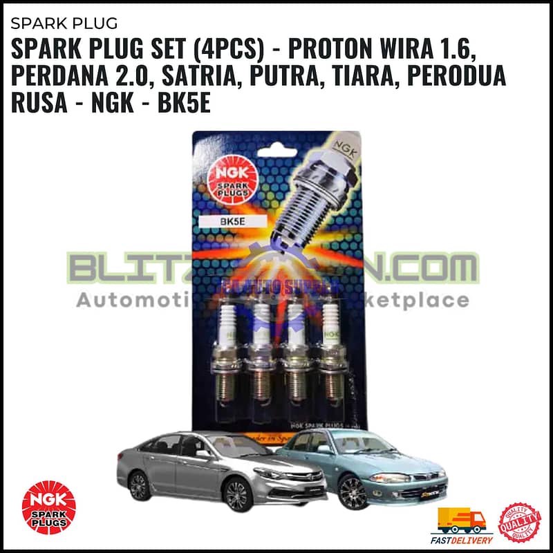 SPARK PLUG SET (4PCS) - PROTON WIRA 1.6, PERDANA 2.0, SATRIA, PUTRA, TIARA, PERODUA RUSA - NGK - BK5E