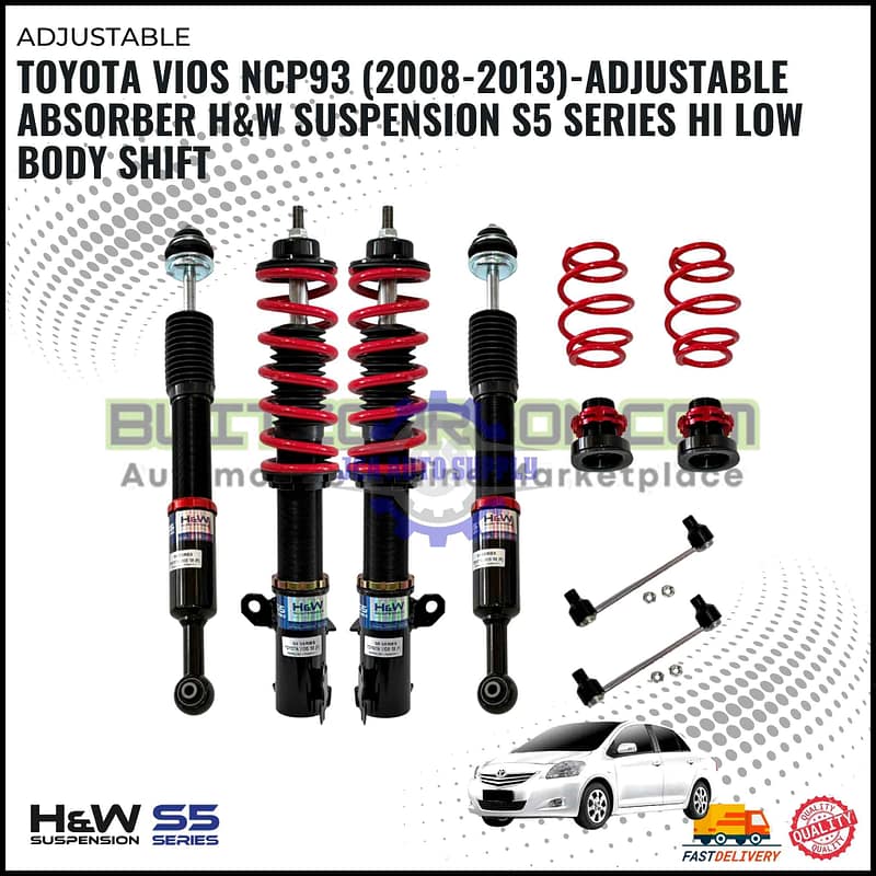 Toyota Vios NCP93 (2008-2013)-Adjustable Absorber H&W Suspension S5 Series Hi Low Body Shift