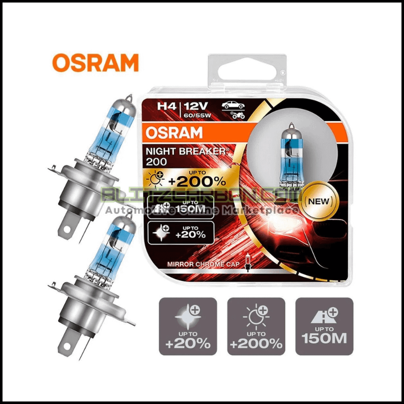 64193NB200-HCB Osram H4 12V 60/55W Night Breaker 200 Bulb - +200% Brightness