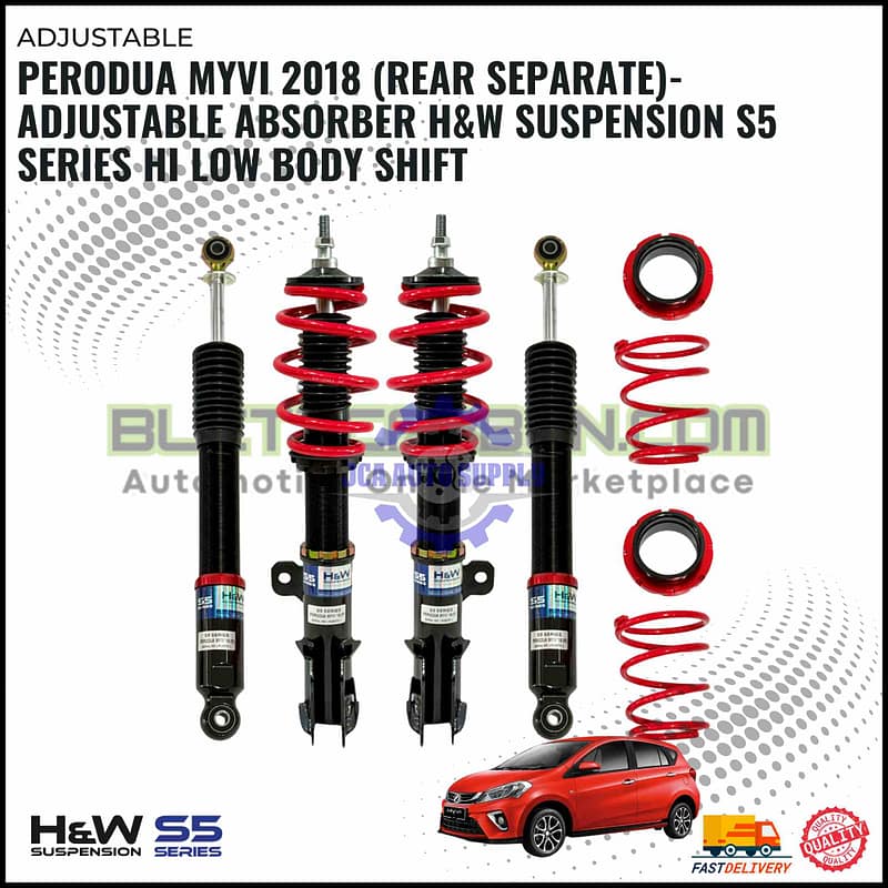 Perodua Myvi 2018 (Rear Separate)-Adjustable Absorber H&W Suspension S5 Series Hi Low Body Shift