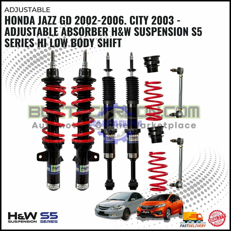 Honda Jazz GD 2002-2006. City 2003 -Adjustable Absorber H&W Suspension S5 Series Hi Low Body Shift