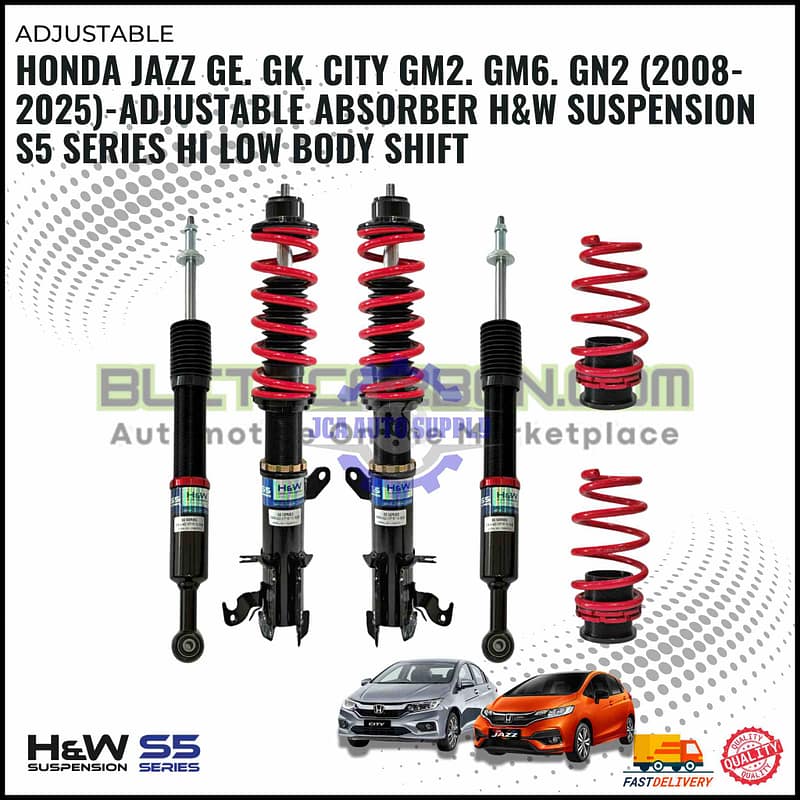 Honda Jazz GE. GK. CITY GM2. GM6. GN2 (2008-2025)-Adjustable Absorber H&W Suspension S5 Series Hi Low Body Shift