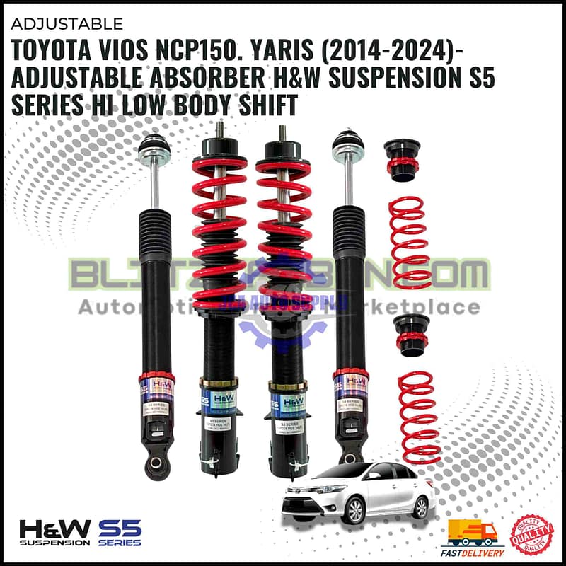 Toyota Vios NCP150. Yaris (2014-2024)-Adjustable Absorber H&W Suspension S5 Series Hi Low Body Shift